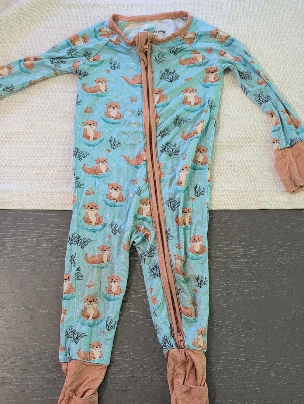 Kids Zip-Front One-Piece Pajamas in Light Blue with Otter Print